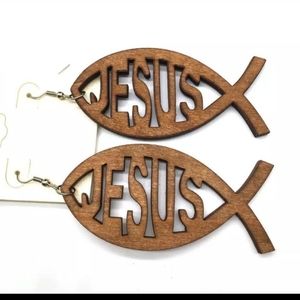 JESUS Fish Wood Earrings Christian Dangle Earring Faith Religion Cross Wooden